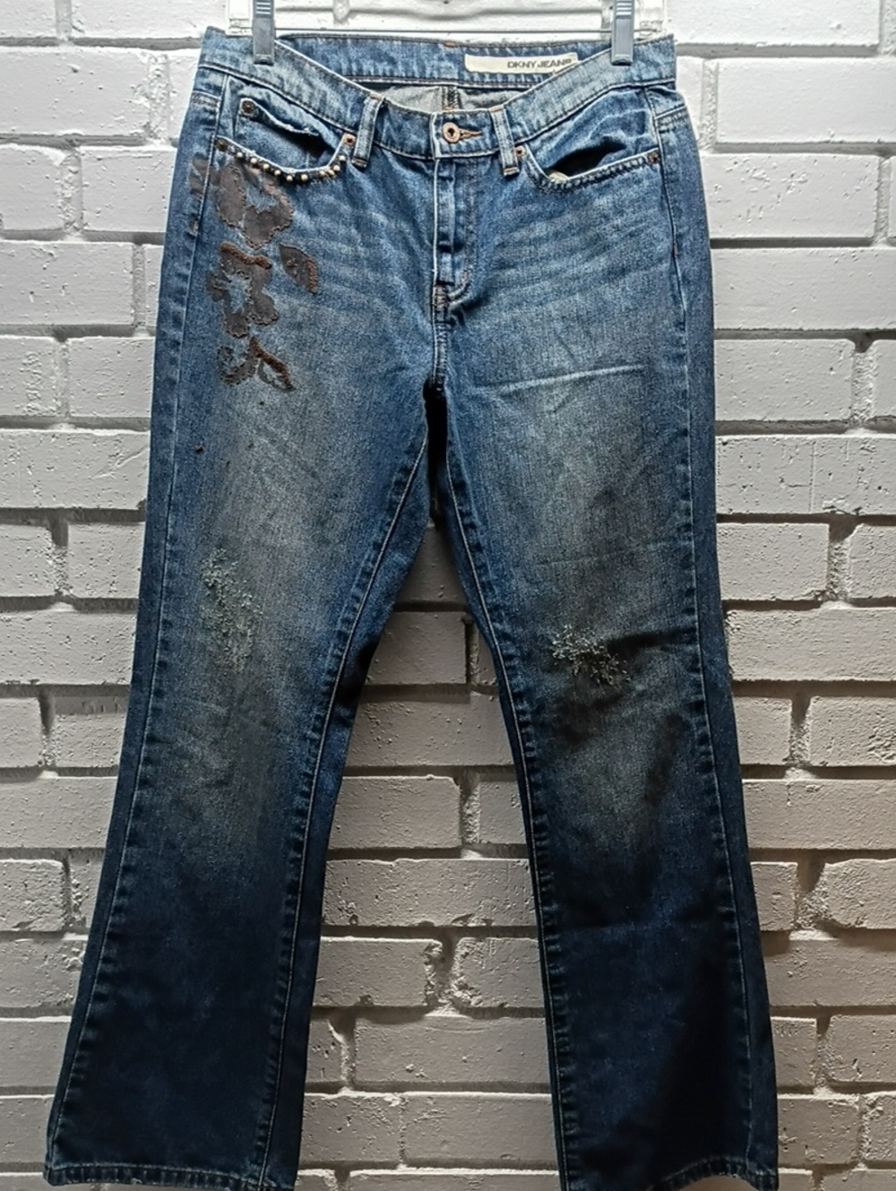 DKNY Distressed Blue Flare Jeans w/Flowers Painted & Embroidered Beaded Pocket